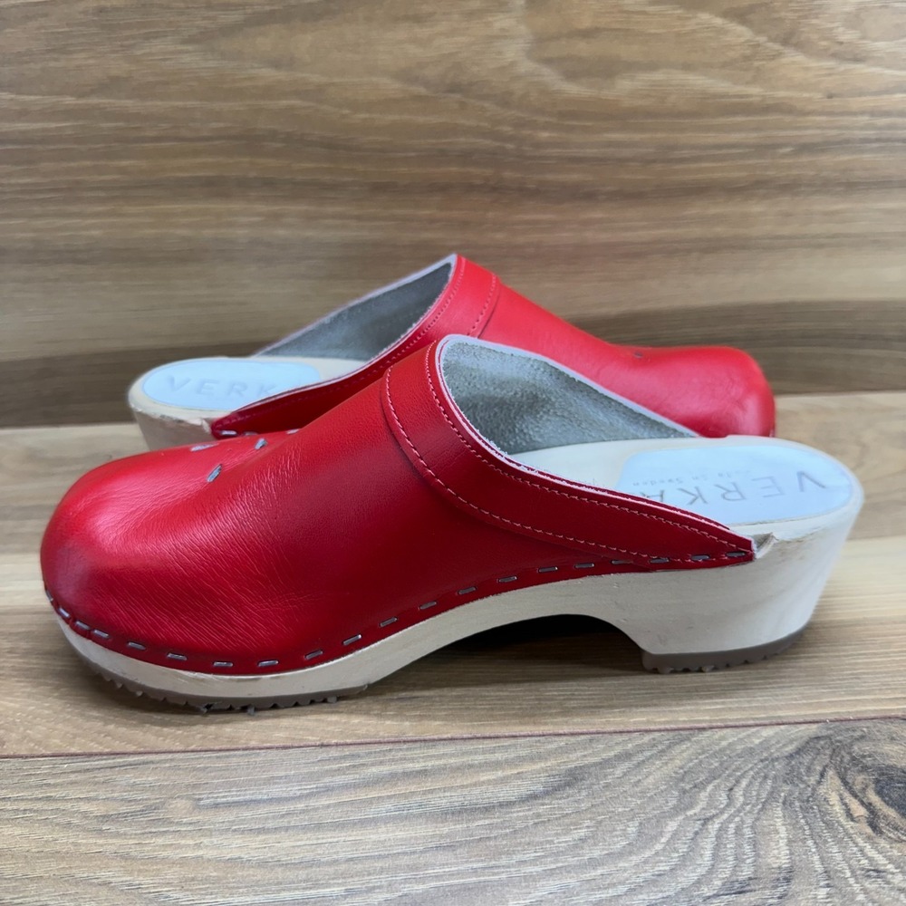VERKA Blomma Clogs Womens 6 6.5 EU 37 Red Leather Slip On Wooden Cottagecore - Picture 6 of 12